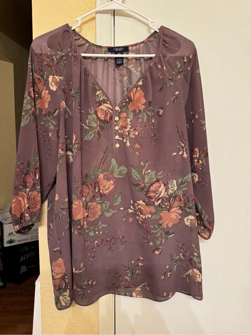Chaps Plum Floral V-Neck Henley Blouse